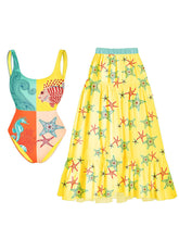 Load image into Gallery viewer, 2PS Starfish Print One Piece With Bathing Suit Swing Skirt