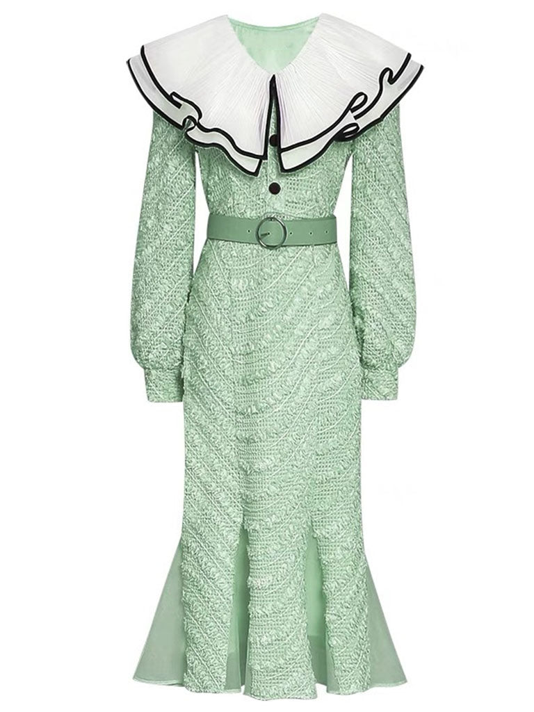 Pea Green Layered Ruffle Collar Knit Mermaid Dress