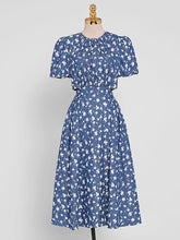 Load image into Gallery viewer, Lake Blue Floral Print Waist Cut Out Puff Sleeve Summer 1950S Dress