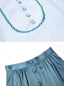 Light Blue Turn Collar Shirt And Lake Blue Skirt Set