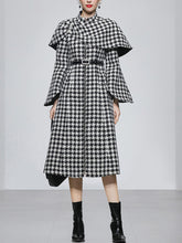 Load image into Gallery viewer, 2PS Stand Collar Flared Sleeve  Houndstooth Wool Coat With Retrievable Cape
