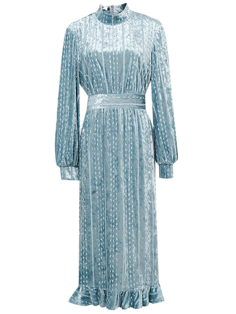 Light Blue Stand Collar Ruffles Long Sleeve Velvet 1940S Dress