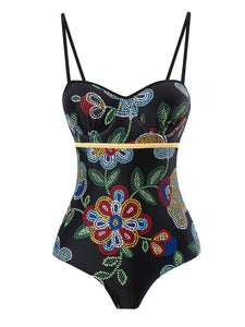 Black Floral Print Flower Strap One Piece With Bathing Suit Wrap Skirt