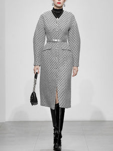 Light Grey V Neck Polka Dot Woolen Coat
