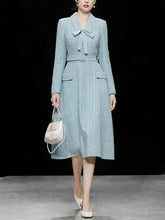 Load image into Gallery viewer, Baby Blue V Neck Retro Swing Tweed Dress With Long Sleeve For Winter