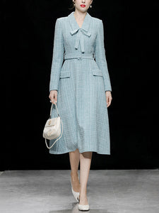 Baby Blue V Neck Retro Swing Tweed Dress With Long Sleeve For Winter