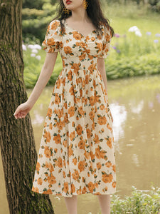 Orange Rose Sweet Heart Collar Puff Sleeve 1950S Vintage Dress