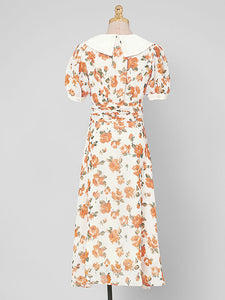 Orange Rose Chelsea Collar Puff Sleeve 1940S Dress