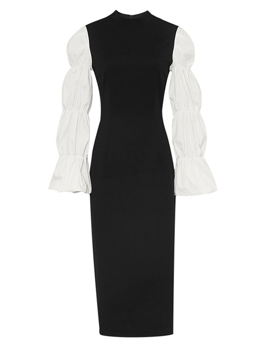 Black And White Lantern Long Sleeve 1940S Vintage Dress