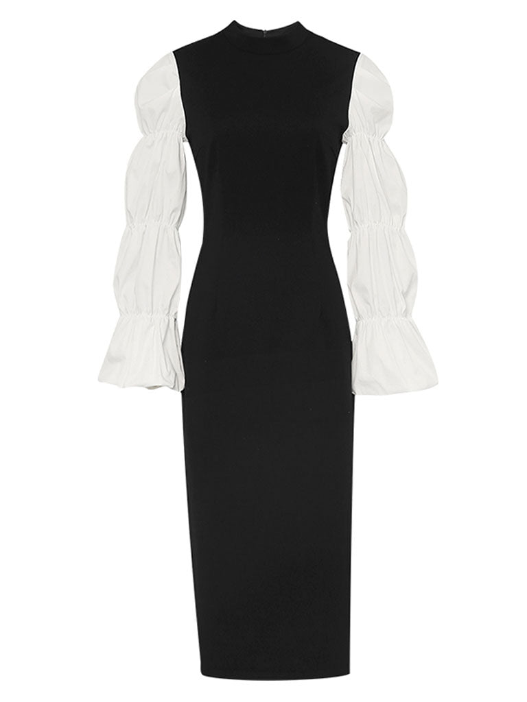Black And White Lantern Long Sleeve 1940S Vintage Dress