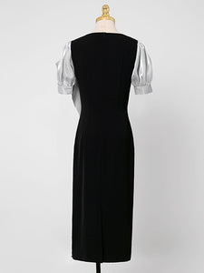 Black Big Sweet Bow Vintage Square Collar Puffed Sleeve 1960S Dress