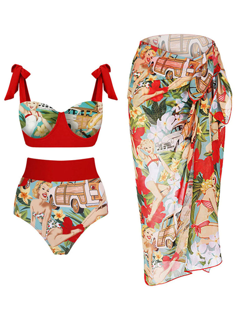 Red Retro Poster Print Bikini With Bathing Suit Wrap Skirt