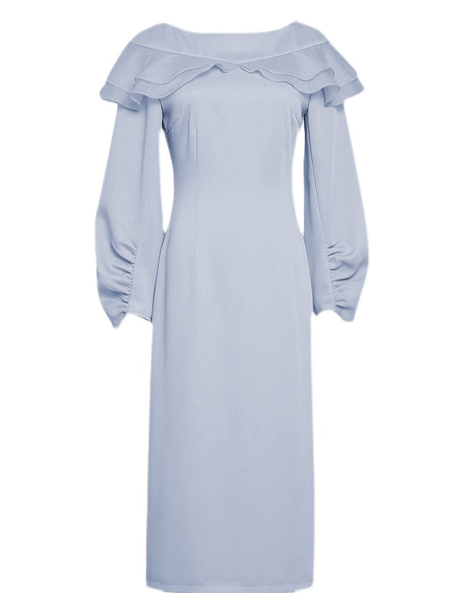 Light Blue Ruffles Long Sleeve Vintage 1940S Bodycon Dress