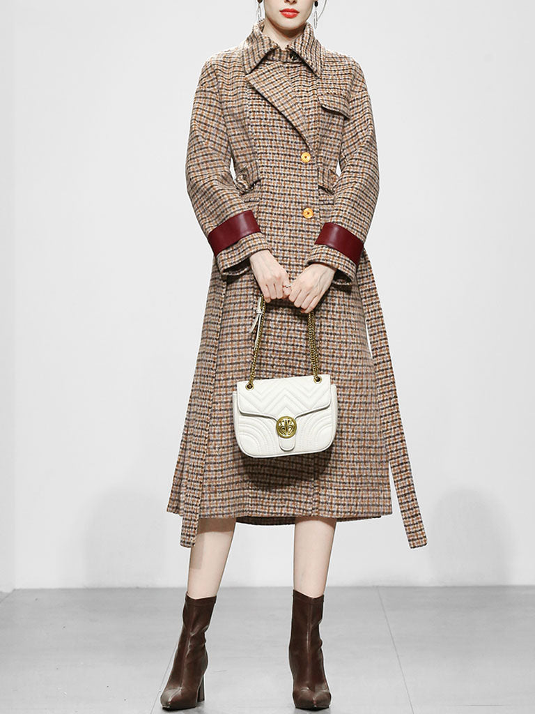 Brown Plaid Long Sleeve Women's Winter Coat