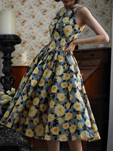 Load image into Gallery viewer, 1950S Hepburn Style Outfits Blue And Yellow Floral Print Back Hollow Heart Swing Dress