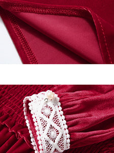 Vinatge Red Lace Long Sleeve Swing Velvet Dress