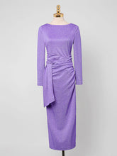 Load image into Gallery viewer, Electric Violet Crew Collar Long Sleeve Sequins Pleated Knitted Sweater Dress