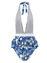Load image into Gallery viewer, Blue Dragonfly Print V Neck One Piece With Bathing Suit Swing Skirt