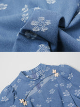Load image into Gallery viewer, Retro Cheongsam Stand Collar Hollow Puff Sleeves Denim Printed Mini Dress