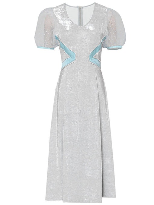 Baby Blue Sweet Heart Collar Puff Sleeve Pearl 50S Vintage Swing Dress