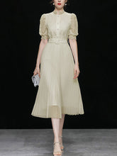 Load image into Gallery viewer, Apricot Stand Collar Puff Sleeve Mesh Pleated Dress
