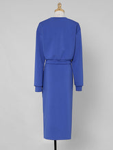 Load image into Gallery viewer, 2PS Royal Blue Casual Crew Neck Loose Short Sweater And Smocked Bodycon Skirt Suit