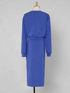 2PS Royal Blue Casual Crew Neck Loose Short Sweater And Smocked Bodycon Skirt Suit
