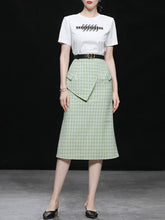 Load image into Gallery viewer, 2PS White 1950S Vintage Classic Tshirt And Green Plaid Mermaid Skirt