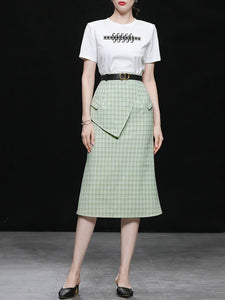 2PS White 1950S Vintage Classic Tshirt And Green Plaid Mermaid Skirt