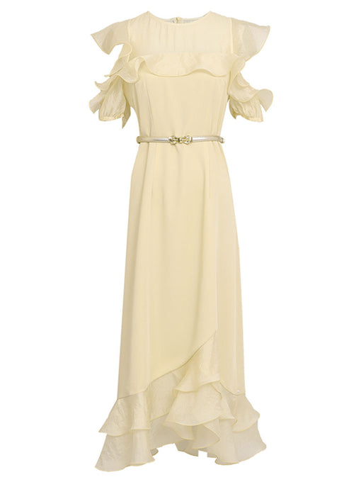 Yellow Organza Semi-Sheer  Ruffled Hem Vintage Dress With Belt