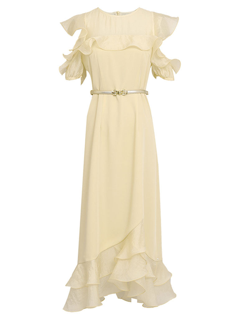 Yellow Organza Semi-Sheer  Ruffled Hem Vintage Dress With Belt