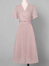 Load image into Gallery viewer, Pink V Neck Splicing High Waist Pleated 1950S Chiffon Dress