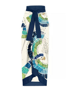 Blue Floral Print Ruffles Strap One Piece With Bathing Suit Wrap Skirt
