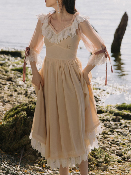 Ruffles Lace Puffed Sleeve Swing Victoria's Fairy Dress