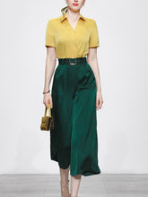 Load image into Gallery viewer, 2PS Yellow Elegant V-neck Short Sleeve Shirt With High-waisted Wide Pants Suit