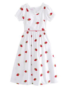 Strawberry  Embroidered Puff Sleeve Vintage Cotton Dress