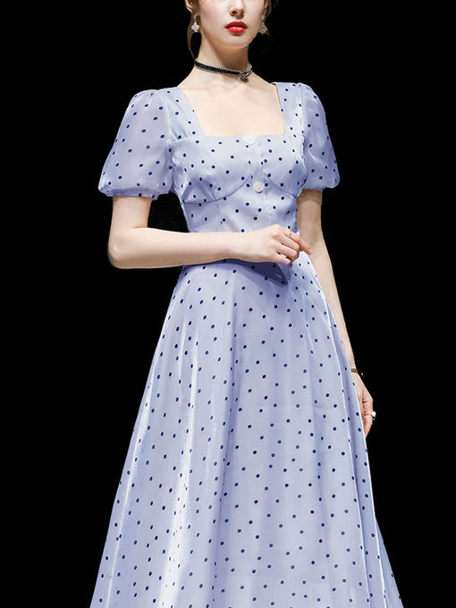 Blue Polka Dots Puff Sleeve Vintage Style 1950S Dress