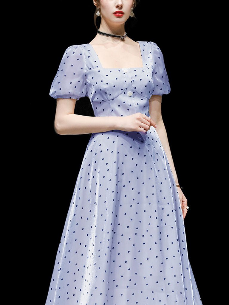 Blue Polka Dots Puff Sleeve Vintage Style 1950S Dress, Blue / S