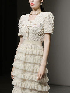 2PS Apricot Puff Sleeve Top And Ruffles Chiffon Cake Dress Set