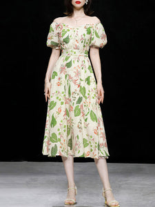 Green Floral Print Square Neck Off Shoulder 1950S Vintage Summer Holiday Dress