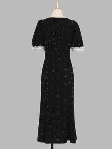 White Lace Square Neck Puff Sleeve Vintage Pearl Hepburn Style Midi Black Dress