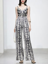 Load image into Gallery viewer, Black And White Animal Print Spaghetti Straps Jumpsuit With Cape