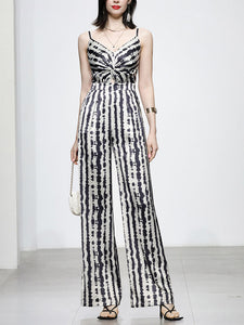 Black And White Animal Print Spaghetti Straps Jumpsuit With Cape