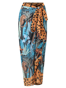 Blue Leopard Print V Neck One Piece With Bathing Suit Wrap Skirt