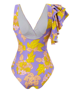 Purple Leaf Print V Neck One Piece With Bathing Suit Wrap Skirt