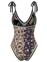 Load image into Gallery viewer, Floral Print Retro Style V Neck One Piece With Bathing Suit Wrap Skirt
