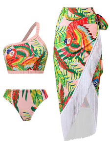 One Shoulder Floral Print Strap Two Pieces With Bathing Suit Wrap Skirt