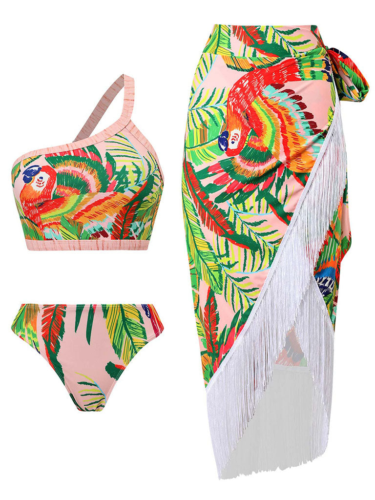 One Shoulder Floral Print Strap Two Pieces With Bathing Suit Wrap Skirt