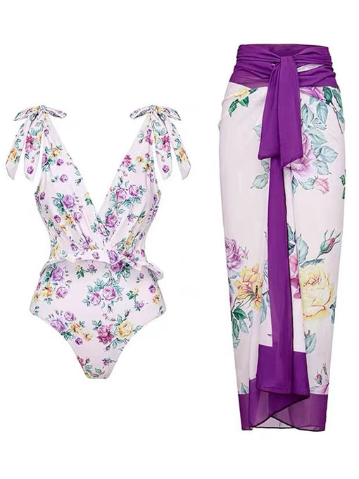 Purple Floral Print Bow Strap One Piece With Bathing Suit Wrap Skirt