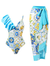 Load image into Gallery viewer, Pink Floral Print Ruffles Strap One Piece With Bathing Suit Wrap Skirt